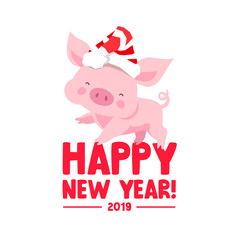 Cute  piggy in a New Year's striped hat