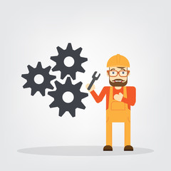 engineer hold tool with gear on white background