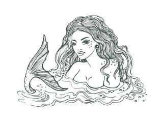 Black and white hand drawn mermaid, on white background, linen vector illustration