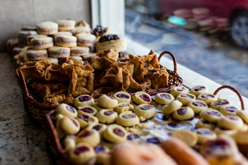 Typical argentinean snacks and treats on shop window in Ushuaia, blurred, shallow depth of field
