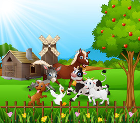 Farmer background with the animals play together