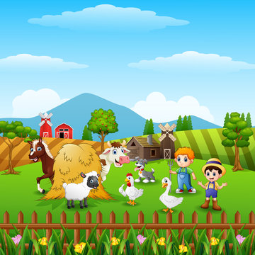 Cartoon little farmers with animals at the farm