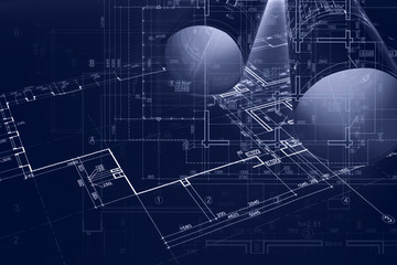 architect workplace background. construction concept. architectural blueprint rolls, engineering plans and sketches 