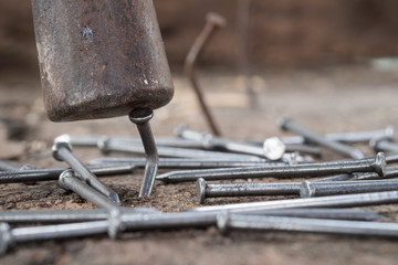 Hammer and nails Close Up.