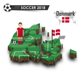 Obraz na płótnie Canvas Denmark national soccer team . Football player and flag on 3d design country map . isolated background . Vector for international world championship tournament 2018 concept