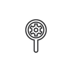 Obraz premium Magnifying glass with gear outline icon. linear style sign for mobile concept and web design. SEO, Search engine optimization simple line vector icon. Symbol, logo illustration. Pixel perfect vector