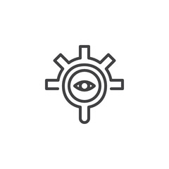Magnifying optical glass with Gear and eye outline icon. linear style sign for mobile concept and web design. Search engine simple line vector icon. Symbol, logo illustration. Pixel perfect vector