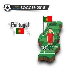 Naklejka premium Portugal national soccer team . Football player and flag on 3d design country map . isolated background . Vector for international world championship tournament 2018 concept