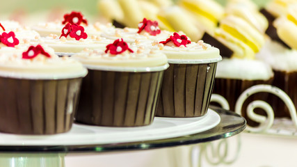 Sweet wedding cupcakes./ Sweet beauty and topping pastel color on wedding cake decoration.