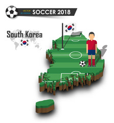 South korea national soccer team . Football player and flag on 3d design country map . isolated background . Vector for international world championship tournament 2018 concept