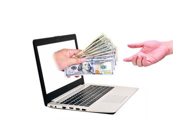 Get money from online business holding US dollar in hand.business concept.