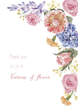 Vector floral banner, greeting card with various flower,  invitation set