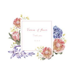 Vintage and luxurious floral vector greeting card with flowers in garden and square label, vector Illustration