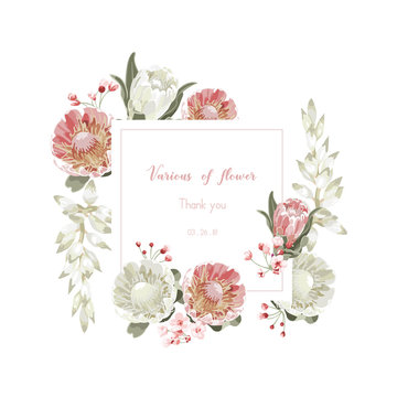 Vintage and luxurious floral vector greeting card with flowers in garden and square label, vector Illustration
