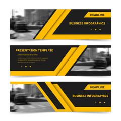 Orange horizontal business banner templates. Three corporate headers for website design, advertisement and promotion. Modern presentation template. Vector set