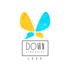 Original vector logo with abstract butterfly for organizations helping people with Down Syndrome. Bright blue and yellow emblem