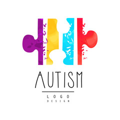 Bright-colored logo with symbol of autism. Vector emblem with puzzle. Genetic disorder. Down Syndrome theme. Design for wellness or medical center