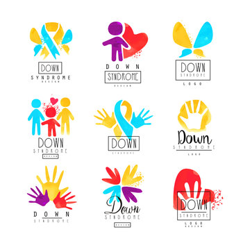 Set of abstract emblems with ribbons, humans and hands. Logos for medical centers. For invitation, charitable fund or postcard for Autism Awareness Day