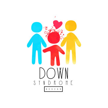 Original emblem with family, child with Down Syndrome. Vector design for wellness center, charitable organization or postcard for Autism Day