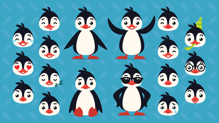 Cute penguin constructor. Vector illustration of arctic bird in different poses and its head shows emotions. Smiley. Print, chat, communication. Penguin in flat cartoon style on blue background.