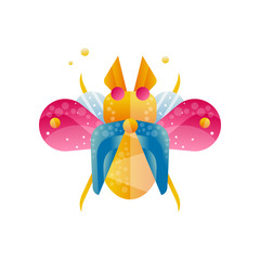 Bright colored beetle with open wings. Creative flat vector icon of flying insect with gradients and texture. Element for poster or postcard