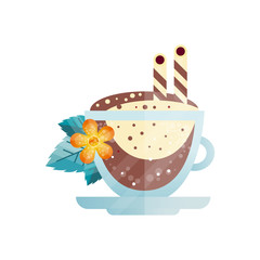 Delicious coffee drink with drinking straws, orange flower and green leaves. Grass cup of tasty cappuccino. Flat vector design for cafe or restaurant