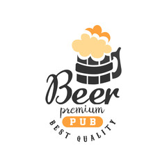 Creative vector emblem with mug of beer with foam and lettering. Alcoholic beverage theme. Typographic logo design for pub, bar or tavern