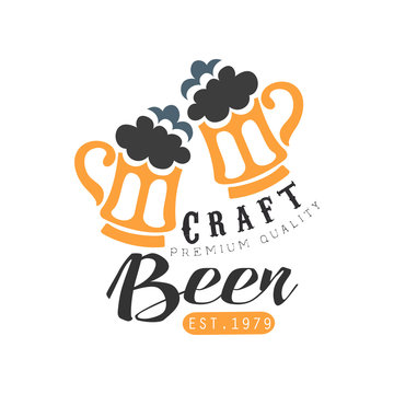 Original black and orange logo template with two mugs of beer with foam. Alcoholic beverage. Vector design for bottle label or brewing company