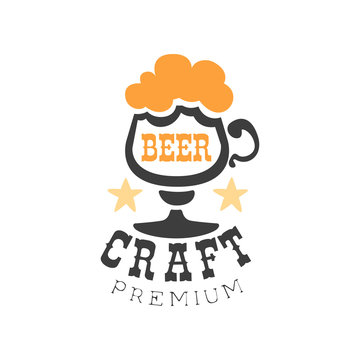 Vector emblem with glass of craft beer with foam and stars. Sticker in black and orange colors. Design for brewing company insignia or bottle label