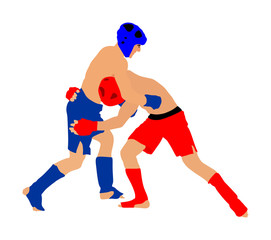 Two mma fighters vector illustration isolated on white background. Mixed martial arts battle. Wrestling, boxing, judo, karate and other skills. Self defense concept.