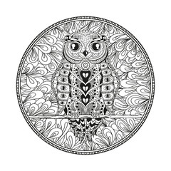 Mandala with owl. Zentangle. Hand drawn abstract patterns on isolation background. Design for spiritual relaxation for adults. Zendala. Outline for tattoo, printing on t-shirts, posters and other