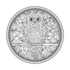 Circle mandala with owl. Zentangle. Hand drawn abstract patterns on isolation background. Design for spiritual relaxation for adults. Zendala. Outline for tattoo, printing on t-shirt, poster. Zen art