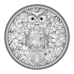 Mandala with owl. Zentangle. Hand drawn abstract patterns on isolation background. Zendala. Outline for tattoo, printing on t-shirts, posters and other. Design for spiritual relaxation for adults