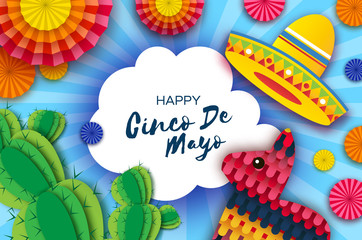 Happy Cinco de Mayo Greeting card. Colorful Paper Fan, Funny Pinata and Cactus in paper cut style. Origami Sombrero hat. Mexico, Carnival. Cloud frame on sky blue. Space for text.