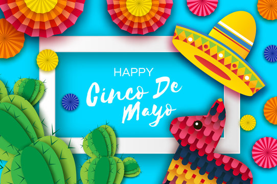 Happy Cinco de Mayo Greeting card. Colorful Paper Fan, Funny Pinata and Cactus in paper cut style. Origami Sombrero hat. Mexico, Carnival. Recangle frame on sky blue. Space for text.