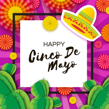 Happy Cinco de Mayo Greeting card. Colorful Paper Fan and Cactus in paper cut style. Origami Sombrero hat. Mexico, Carnival. Square frame on purple. Space for text.