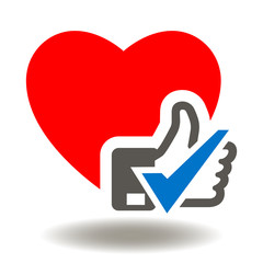 Red Heart Thumb Up Check Mark Icon Vector.  Hearts Like Tick Illustration. Good Health Logo. Healthcare OK Feedback  Symbol.