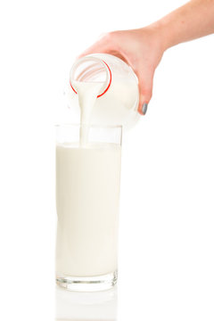 milk from bottle pouring into glass