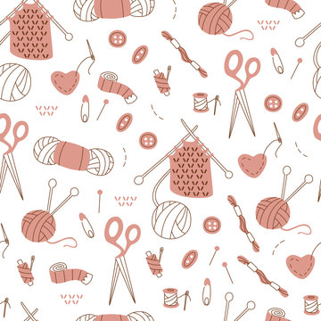 Seamless Pattern with Needlework Doodle on White Background.