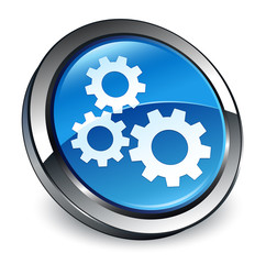 Gears icon 3d blue round button