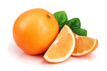 Orange with slice and leaf isolated on the white background