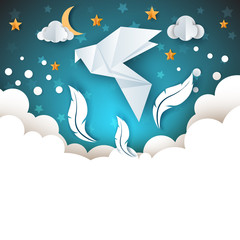 Origami dove illustration. Cartoon paper sky. Cloud , star, feather Vector eps 10