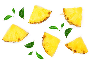 Naklejka premium Sliced pineapple decorated with leaves isolated on white background. Top view. Flat lay pattern