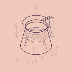 Vector illustration thin line sketch with 3D coffee pot. Coffee container in isometric flat style