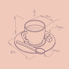Vector illustration thin line sketch with 3D coffee cup n isometric flat style