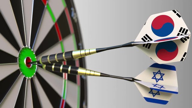Flags of South Korea and Israel on darts hitting bullseye of the target. International cooperation or competition conceptual animation