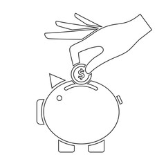 Hand putting coin into the piggy bank. Savings and banking outline icon concept