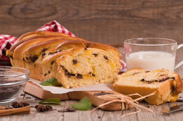 Brioche with chocolate chips. 