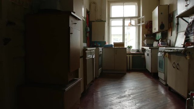 Panorama of old kitchen of a communal flat in St. Petersburg, Russia