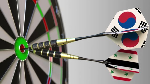 Flags of South Korea and Syria on darts hitting bullseye of the target. International cooperation or competition conceptual animation
